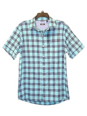 Izod Men's M Aqua Navy Plaid Button Down Shirt Preppy Academia